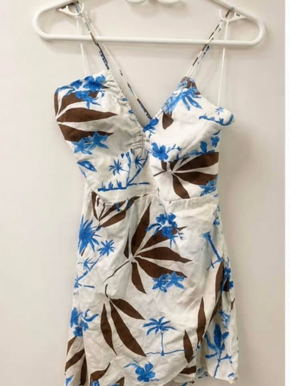Zara Floral Linen-Blend Mini Dress โ Blue & Brown โ Size M